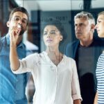 Ett team som skriver på tavla för att förstå kundnyttan och vilka deras kunder är